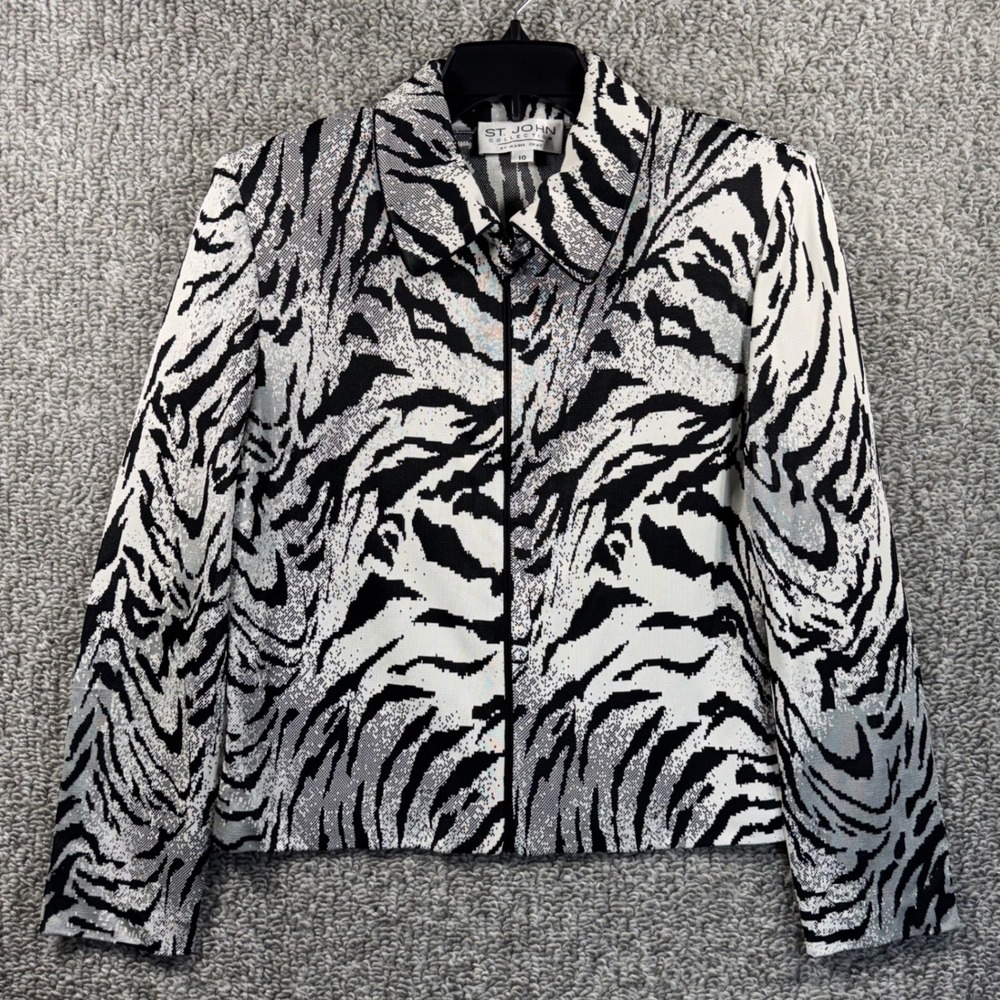 St John Collection Jacket‎ Black White Zebra Print Metallic Knit Women Size 10